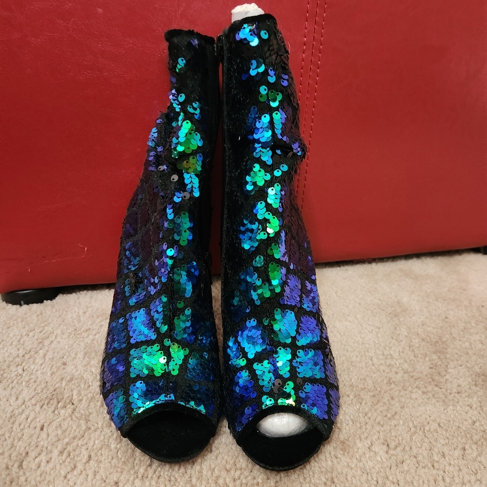 Qupid Iridescent Sequin Peep-Toe Heeled Booties - Blue Green - Picture 2 of 5